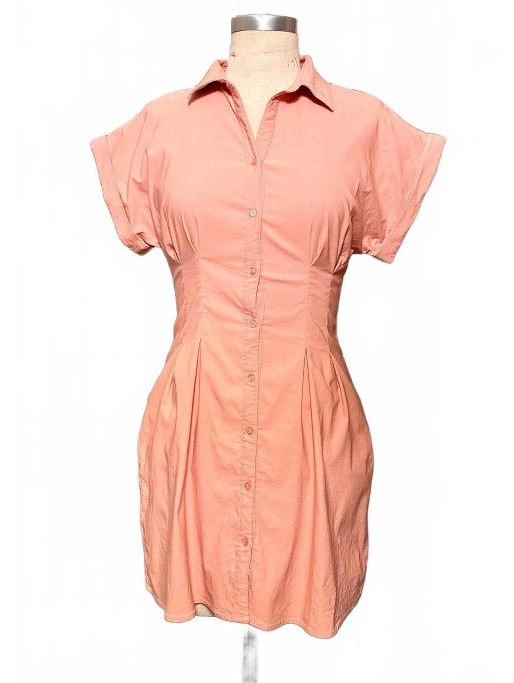 Love Tree Coral Peach Button Front Fitted Mini Shirt Dress M